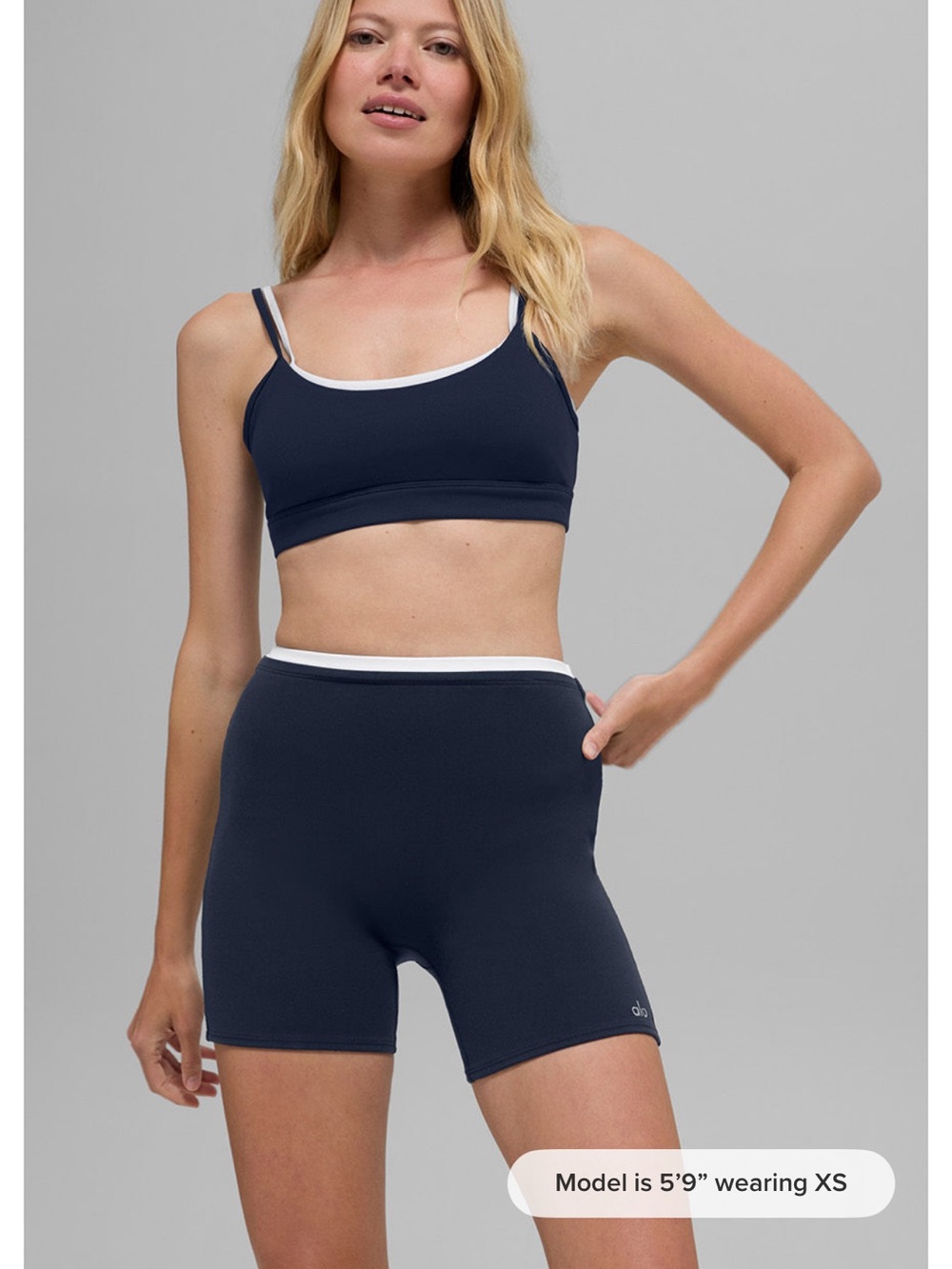 ALO Yoga Navy Sports Bralette & High-Waist Shorts with White Trim